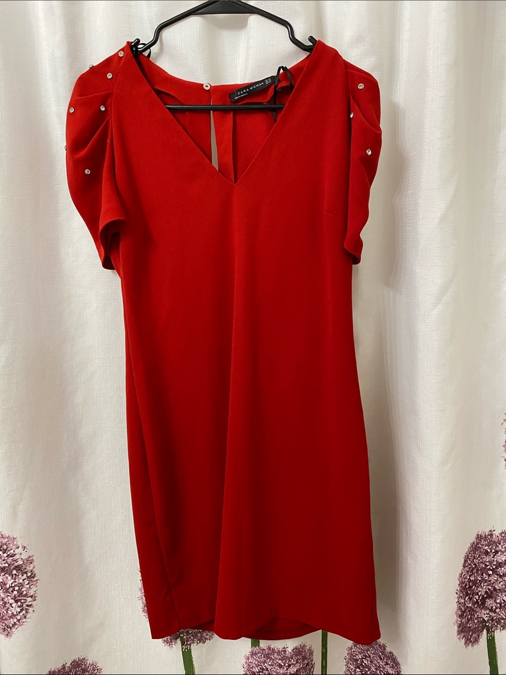Zara Woman Bright Red V-Neck Dress with Jewelled Sleeve.